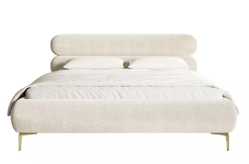 Łóżko tapicerowane 140x200 cm Roule z pojemnikiem stelaż metalowy kremowe welur hydrofobowy nóżki złote