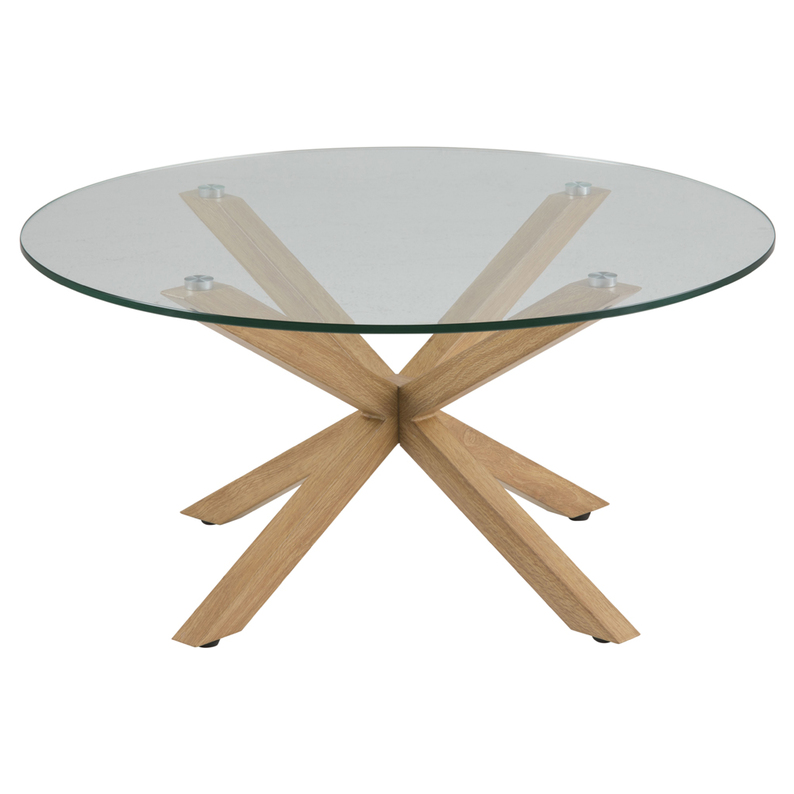 KARDEMA Table basse ronde diamètre 82 cm en verre sur un socle en chêne