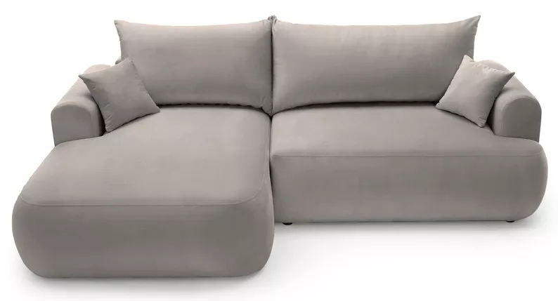 Jasnoszary narożnik Ovo lewostronny z funkcją spania i pojemnikiem na pościel.