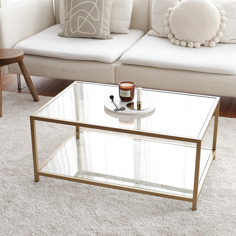 Table basse en verre avec étagère Asster, or, 60 x 90 cm