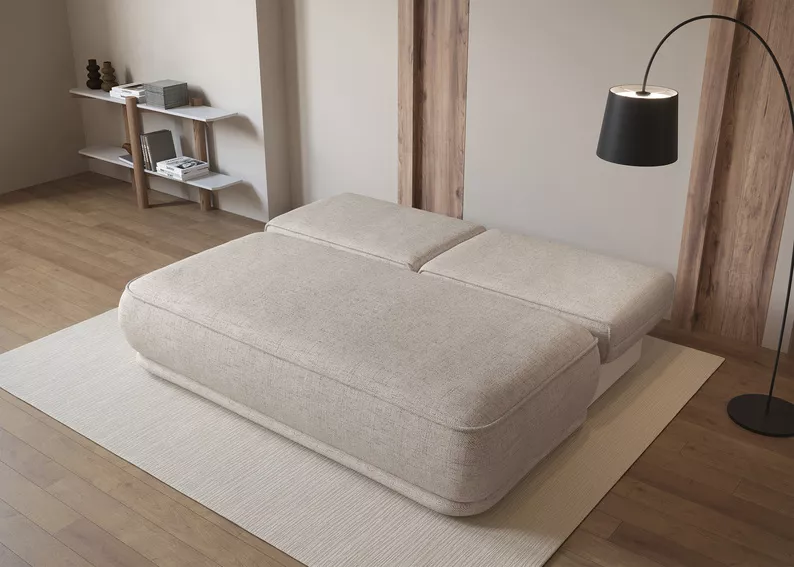 Kanapa rozkładana trzyosobowa Leanno z pojemnikiem jasnobeżowa szenil hydrofobowy