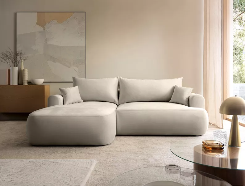 Jasnobeżowy narożnik Ovo L-kształtny z funkcją spania i pojemnikiem na pościel, idealny do salonu.