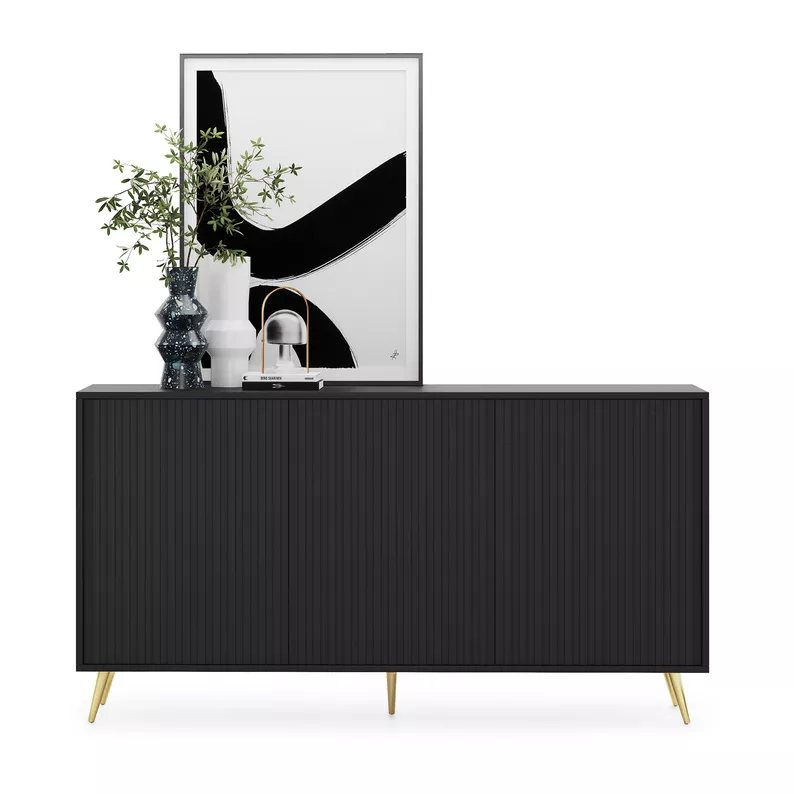 Commode Bello avec façades à lamelles 154 cm noir avec pieds dorés