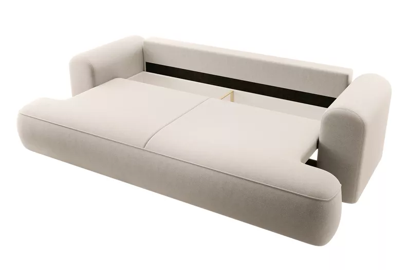 Kanapa rozkładana trzyosobowa Ovo z pojemnikiem jasnobeżowa welur w tkaninie łatwoczyszczącej