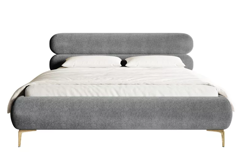 Łóżko tapicerowane 140x200 cm Roule z pojemnikiem stelaż metalowy szare welur hydrofobowy nóżki złote