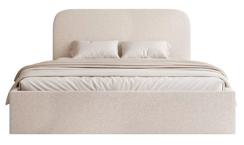 Łóżko tapicerowane 140x200 cm Sonvivo z pojemnikiem na pościel kremowe boucle stelaż metalowy