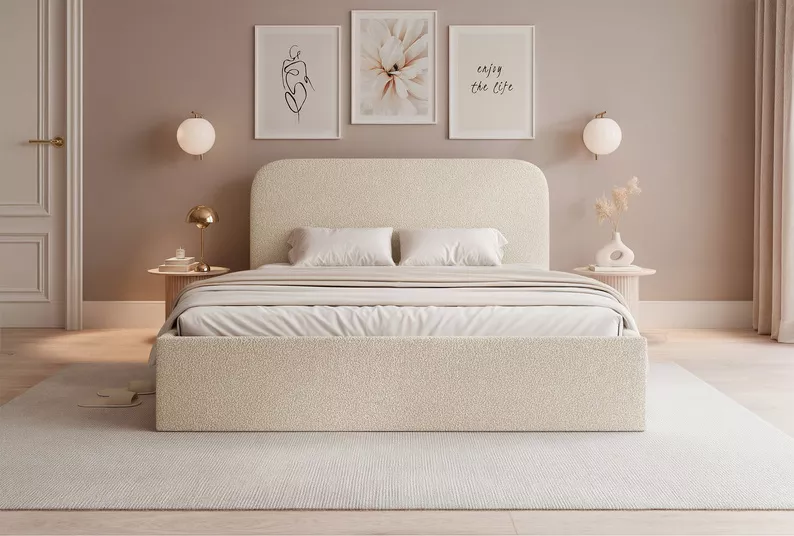 Łóżko tapicerowane 140x200 cm Sonvivo z pojemnikiem na pościel jasnobeżowe boucle stelaż metalowy