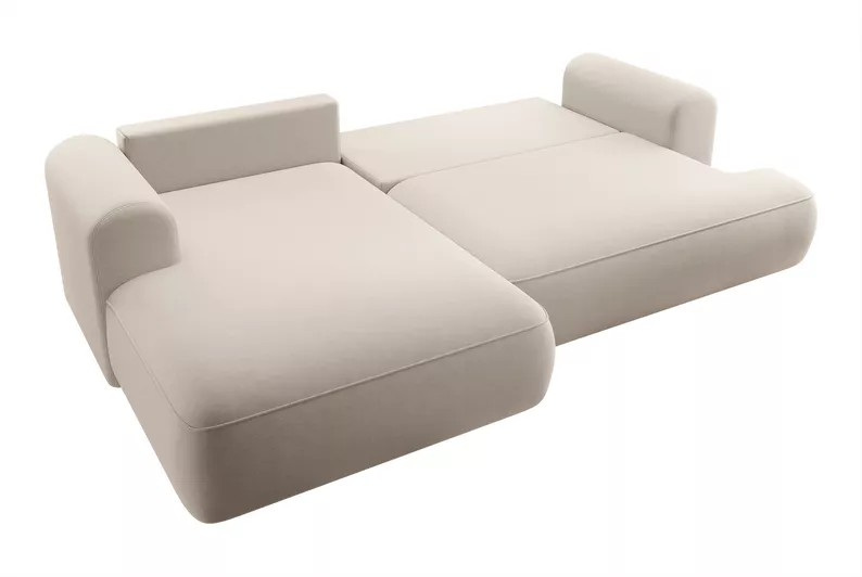 Canapé d'angle convertible Ovo en L velours beige clair avec bac en tissu facile à nettoyer, côté gauche