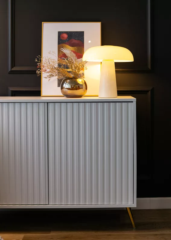 Commode Bello avec façades à lamelles 104 cm blanc avec pieds dorés