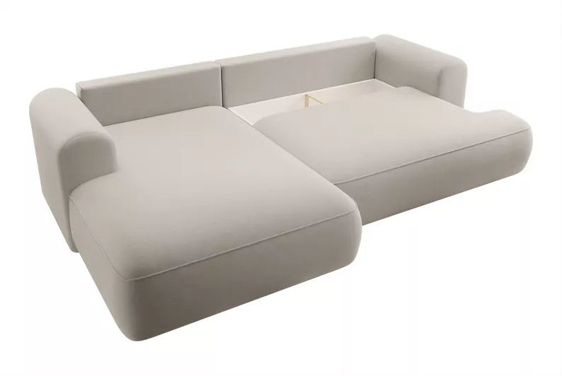 Canapé d'angle convertible Ovo en L velours crème avec bac en tissu facile à nettoyer, côté gauche