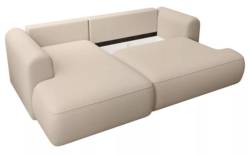 Jasnobeżowy narożnik Ovo mini L-kształtny z funkcją spania i pojemnikiem na pościel.