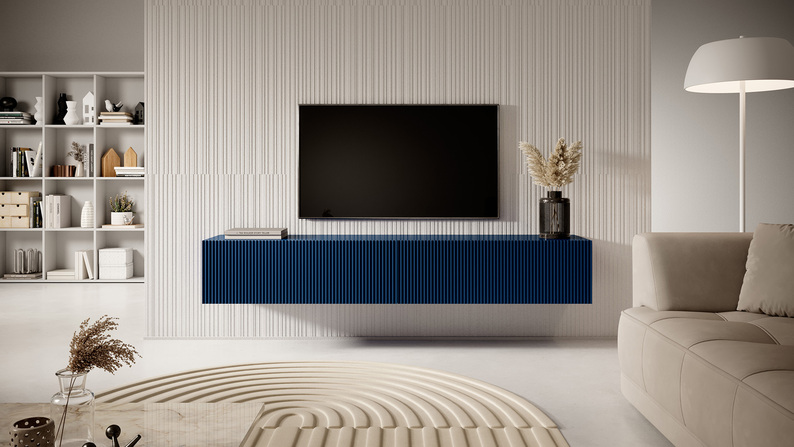 VELDIO Meuble TV 175 cm bleu marine avec façade fraisée