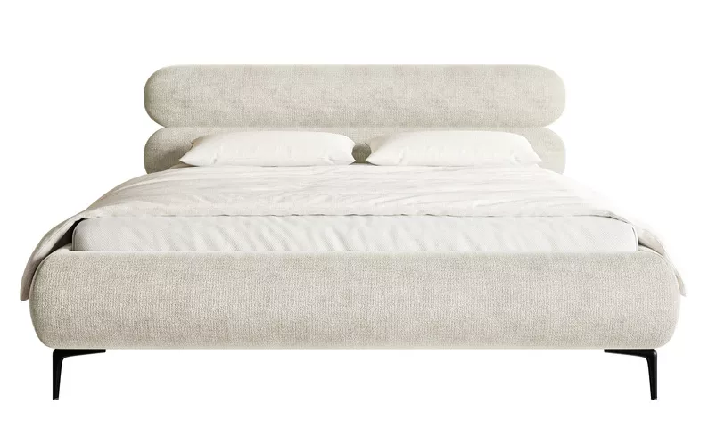 Łóżko tapicerowane 180x200 cm Roule z pojemnikiem stelaż metalowy szarobeżowe szenil nóżki czarne