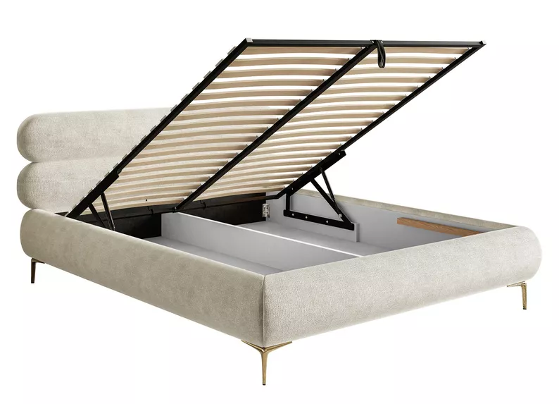 Łóżko tapicerowane 140x200 cm Roule z pojemnikiem stelaż metalowy szarobeżowe szenil nóżki złote