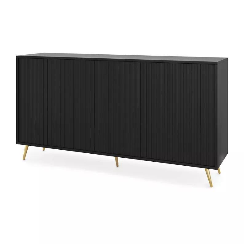 Commode Bello avec façades à lamelles 154 cm noir avec pieds dorés