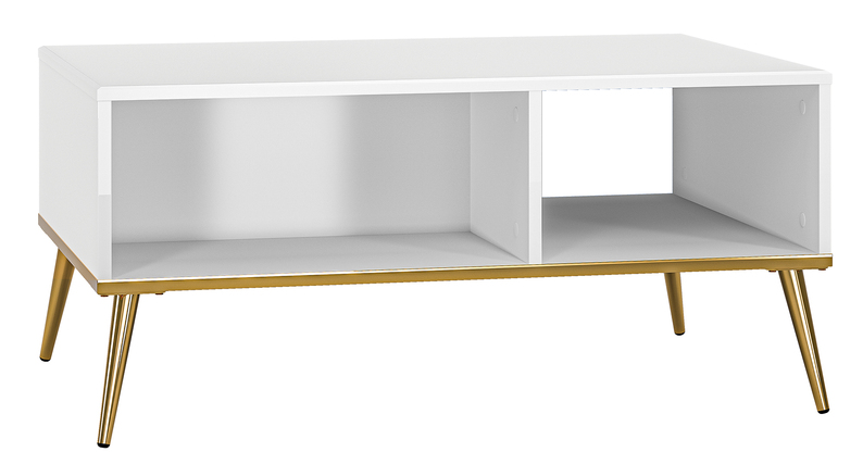 Table basse Darrby 90x60 cm blanc/blanc brillant avec pieds dorés