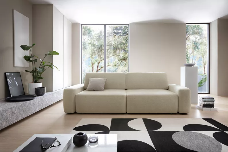 Kanapa rozkładana trzyosobowa Baleo z pojemnikiem beżowa szenil