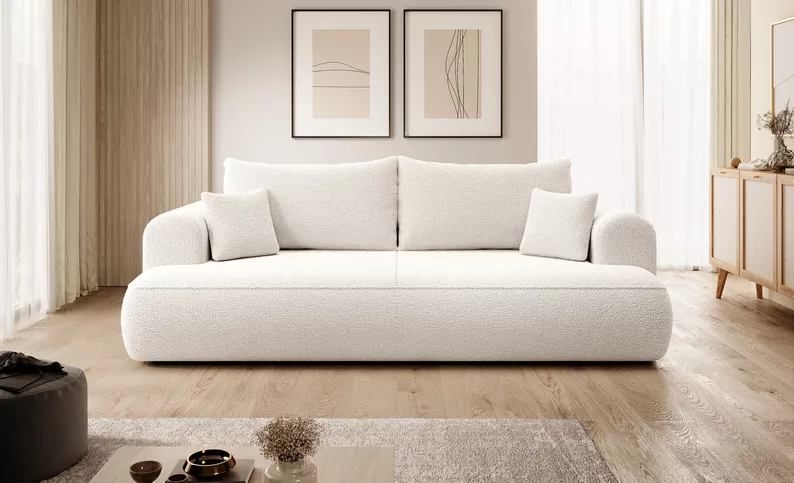 Kanapa rozkładana trzyosobowa Ovo z pojemnikiem kremowa boucle