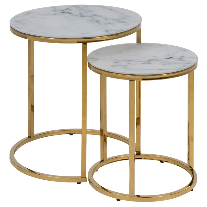 PERQY Ensemble de tables rondes en verre blanc avec un cadre doré