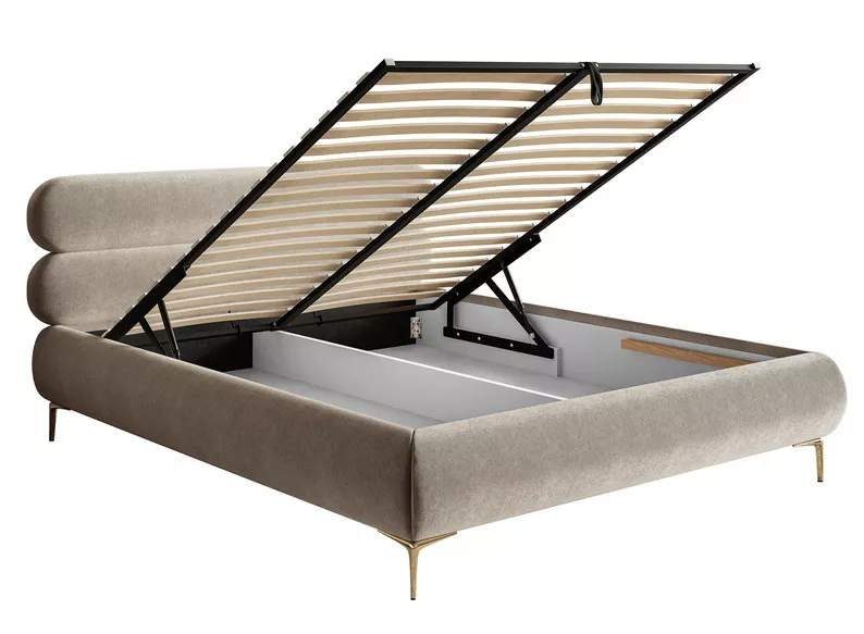 Łóżko tapicerowane 140x200 cm Roule z pojemnikiem stelaż metalowy szarobeżowe welur hydrofobowy nóżki złote