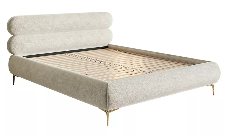 Łóżko tapicerowane 140x200 cm Roule szarobeżowe szenil nóżki złote