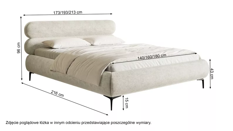 Łóżko tapicerowane 180x200 cm Roule z pojemnikiem stelaż metalowy kremowe szenil nóżki czarne