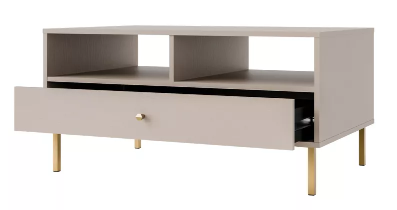 Stolik kawowy Oktio z szufladą i półkami 100 cm beż piaskowy na złotych nogach