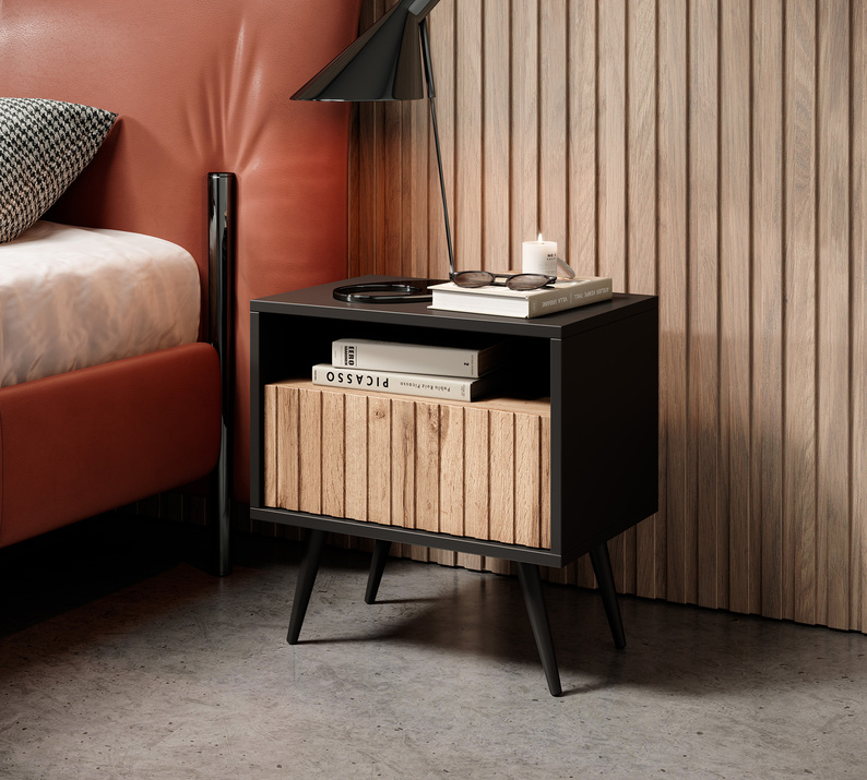 Table de chevet Bello avec un tiroir à façade à lamelles, noir / chêne wotan