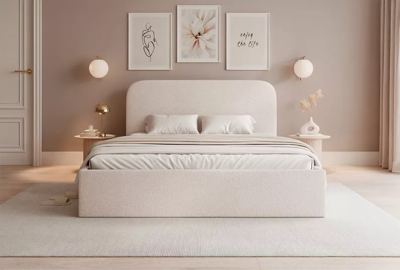Łóżko tapicerowane 140x200 cm Sonvivo z pojemnikiem na pościel jasnobeżowe szenil stelaż metalowy