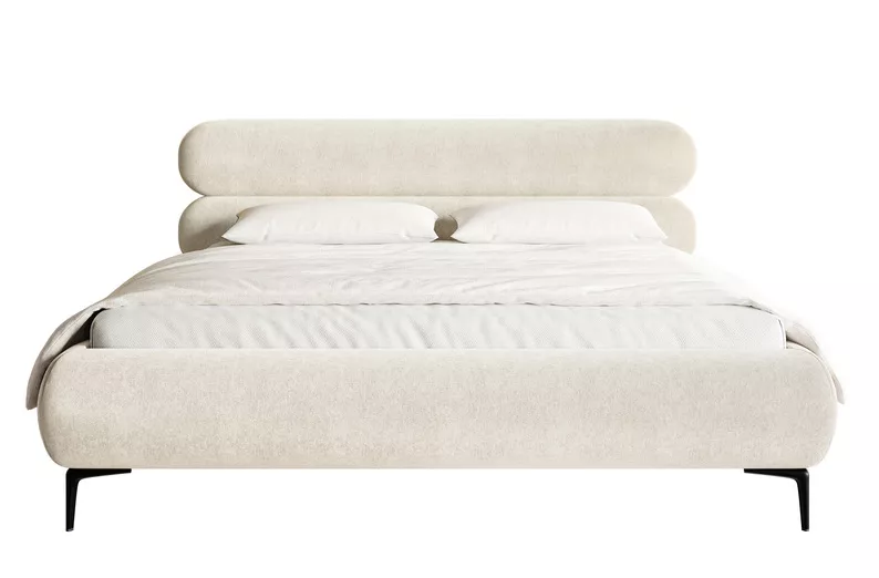 Łóżko tapicerowane 180x200 cm Roule z pojemnikiem stelaż metalowy kremowe welur hydrofobowy nóżki czarne