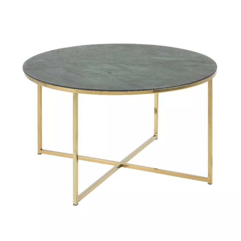 BAKAR Table basse diamètre 80 cm verte avec une base en chrome doré