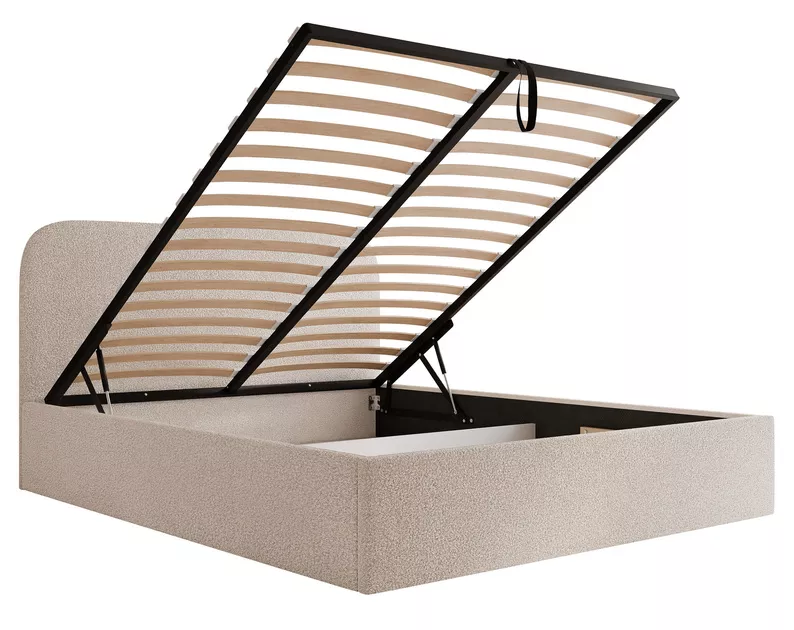 Łóżko tapicerowane 140x200 cm Sonvivo z pojemnikiem na pościel szarobeżowe boucle stelaż metalowy