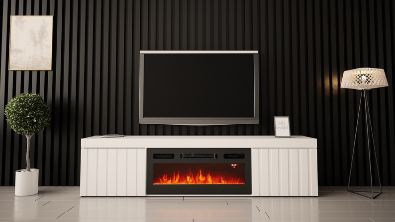 Meuble TV Kalva 180 cm avec une cheminée électrique, blanc brillant à lattes