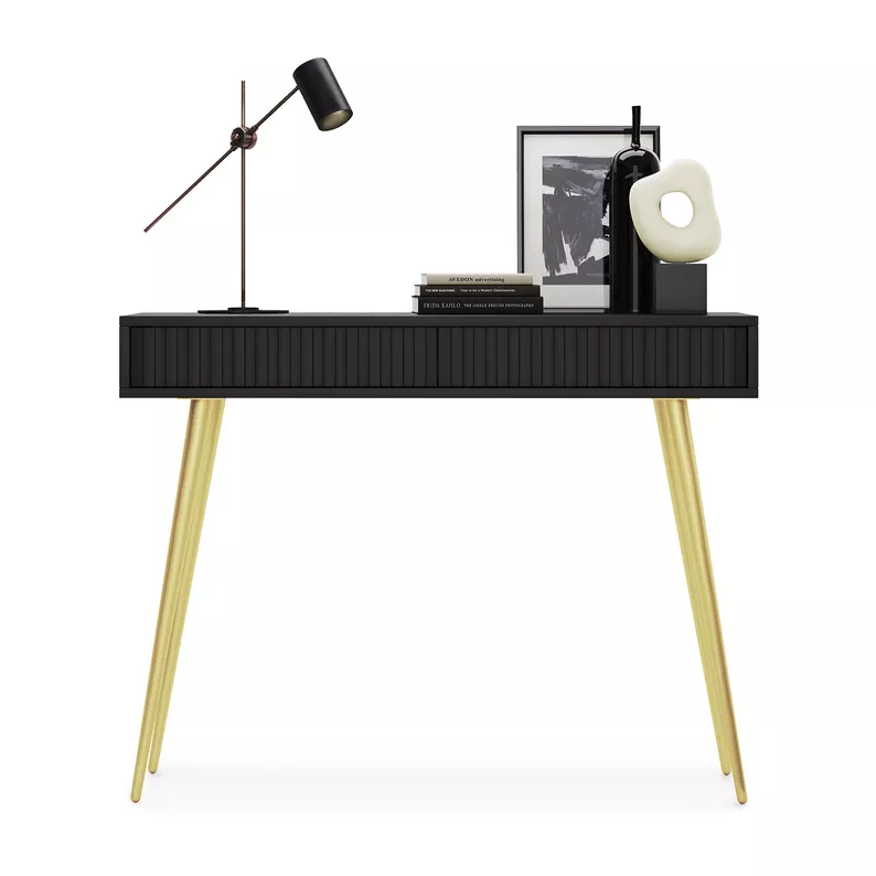Coiffeuse Bello 104 cm noire avec pieds dorés