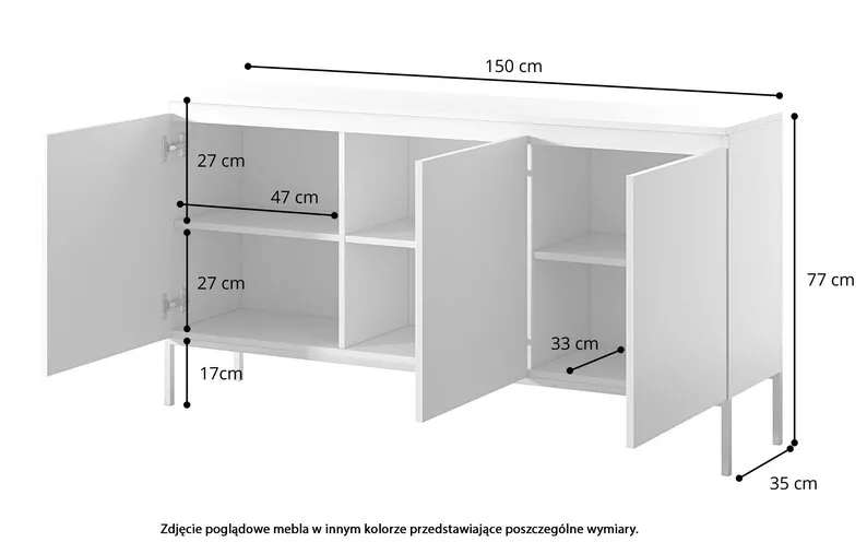 Commode à trois portes Bemmi 150 cm noire avec pieds dorés