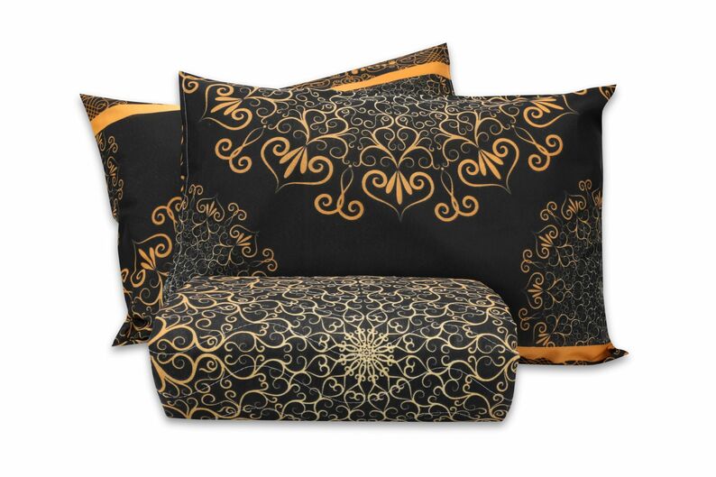 GOLDEN Couvre-lit 200x220 cm avec deux taies d'oreiller 50x70 cm noir à motifs dorés