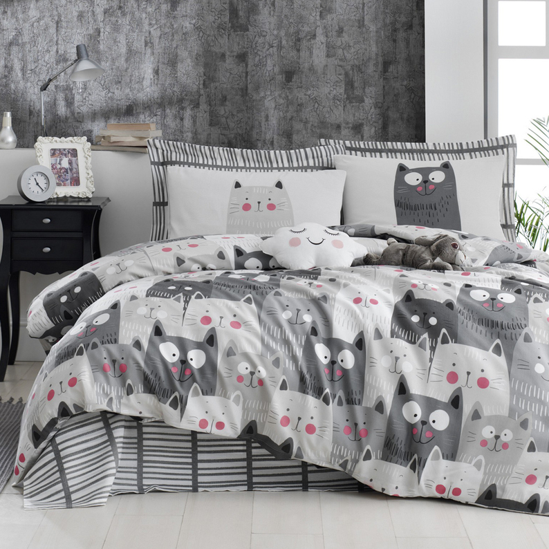 Parure de lit Lerdike avec taies d'oreiller, 200x220 cm, gris avec des chats