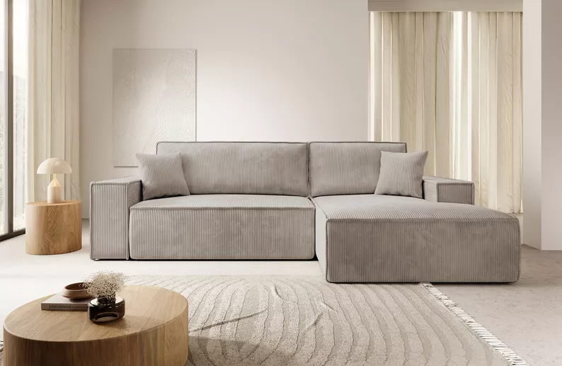 Canapé d'angle Farese New en L avec coffre de rangement en velours côtelé beige
