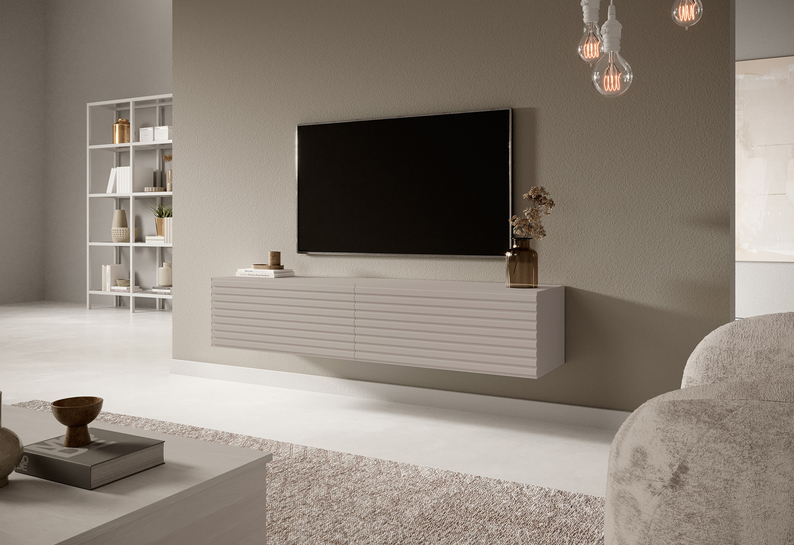 Meuble TV Pavas grey-beige avec façade lamellaire 140 cm