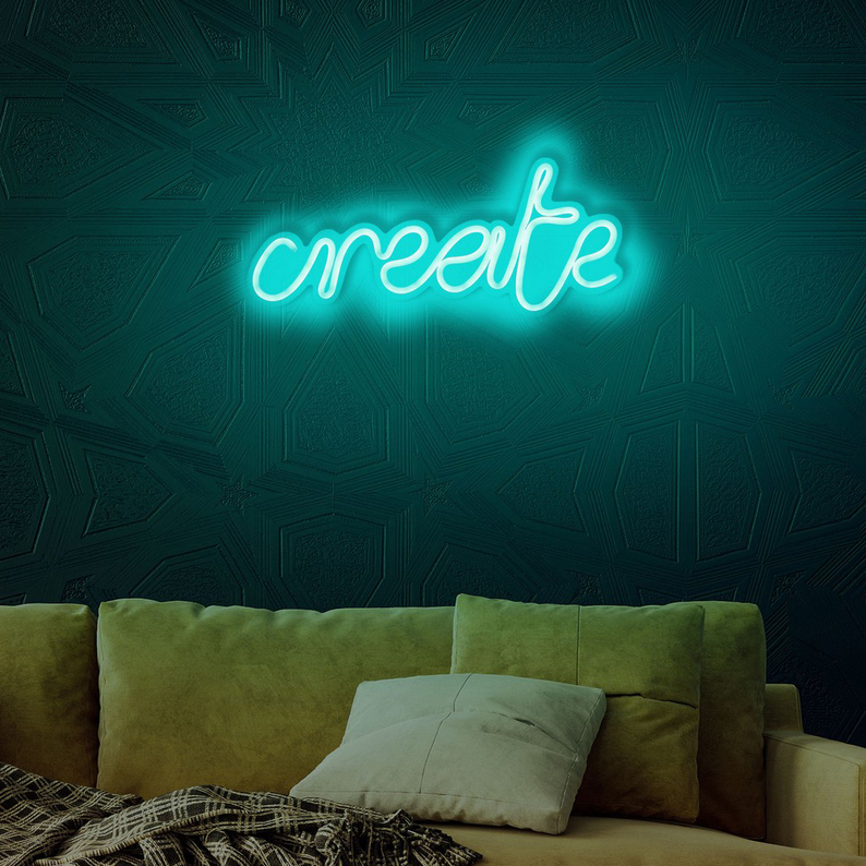 LETELY Enseigne au néon sur le mur avec le mot Create bleu