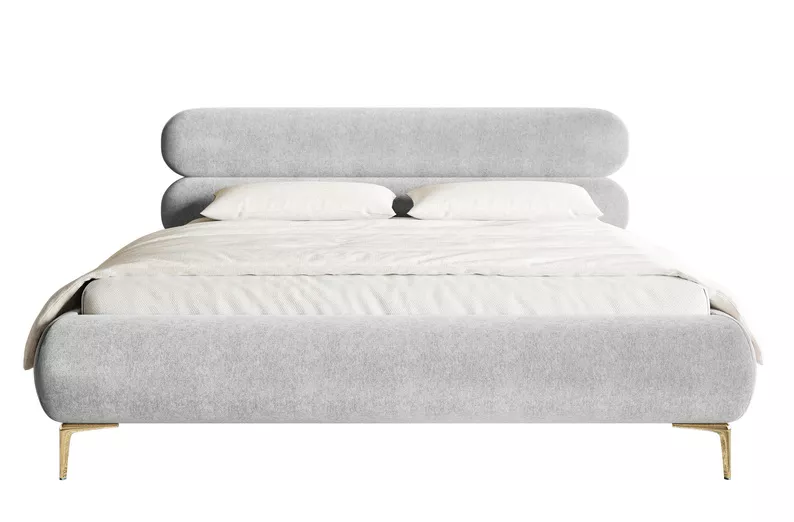 Łóżko tapicerowane 140x200 cm Roule z pojemnikiem stelaż metalowy jasnoszare welur hydrofobowy nóżki złote