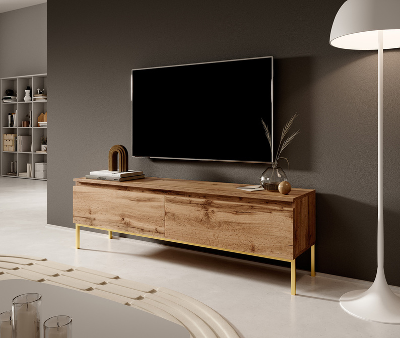 Meuble TV Bemmi 150 cm, chêne wotan avec pieds dorés
