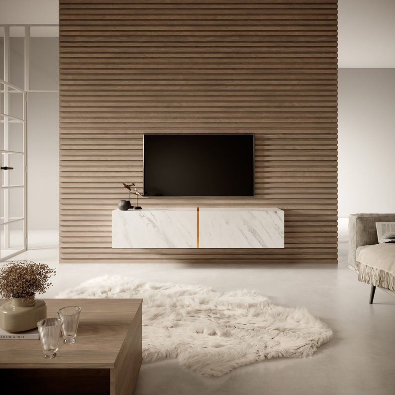 BISIRA Meuble TV 140 cm en marbre blanc avec insert doré