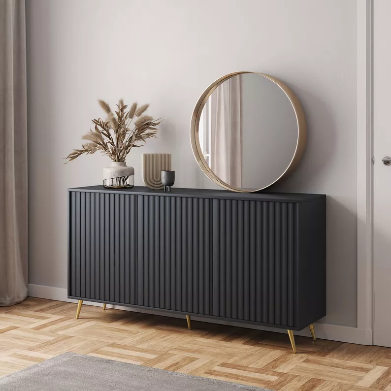 Commode Bello avec façades à lamelles 154 cm noir avec pieds dorés