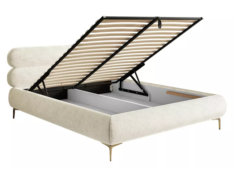 Łóżko tapicerowane 140x200 cm Roule z pojemnikiem stelaż metalowy kremowe szenil nóżki złote