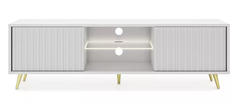 Meuble TV Bello avec façades à lamelles 135 cm blanc avec pieds dorés