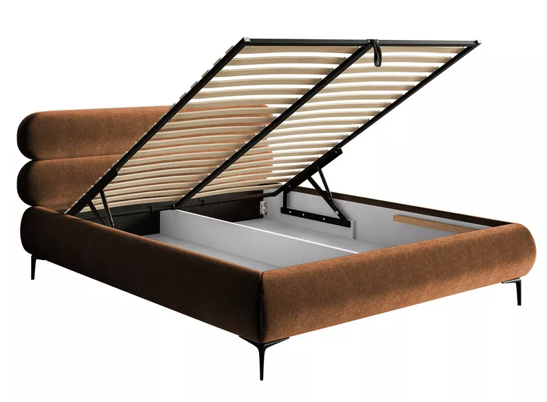 Łóżko tapicerowane 180x200 cm Roule z pojemnikiem stelaż metalowy miedziane welur hydrofobowy nóżki czarne