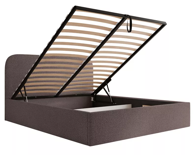Łóżko tapicerowane 140x200 cm Sonvivo z pojemnikiem na pościel brązowe boucle stelaż metalowy
