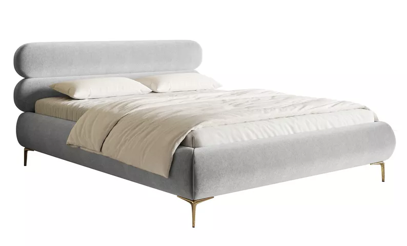Łóżko tapicerowane 140x200 cm Roule z pojemnikiem stelaż metalowy jasnoszare welur hydrofobowy nóżki złote