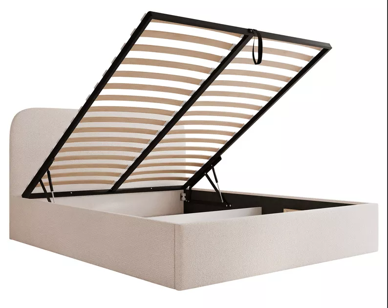 Łóżko tapicerowane 140x200 cm Sonvivo z pojemnikiem na pościel jasnobeżowe szenil stelaż metalowy
